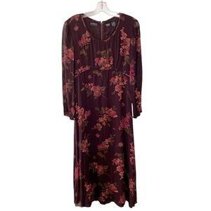 Liz Claiborne Burgundy Wine Floral Midi Prairie Dress Size 8 Modest Long Sleeves